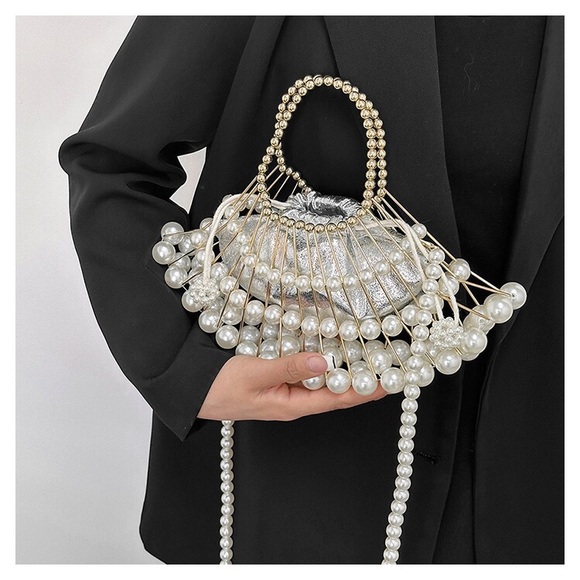 women's pearl chain oblique hollow handbag - Picture 5 of 16